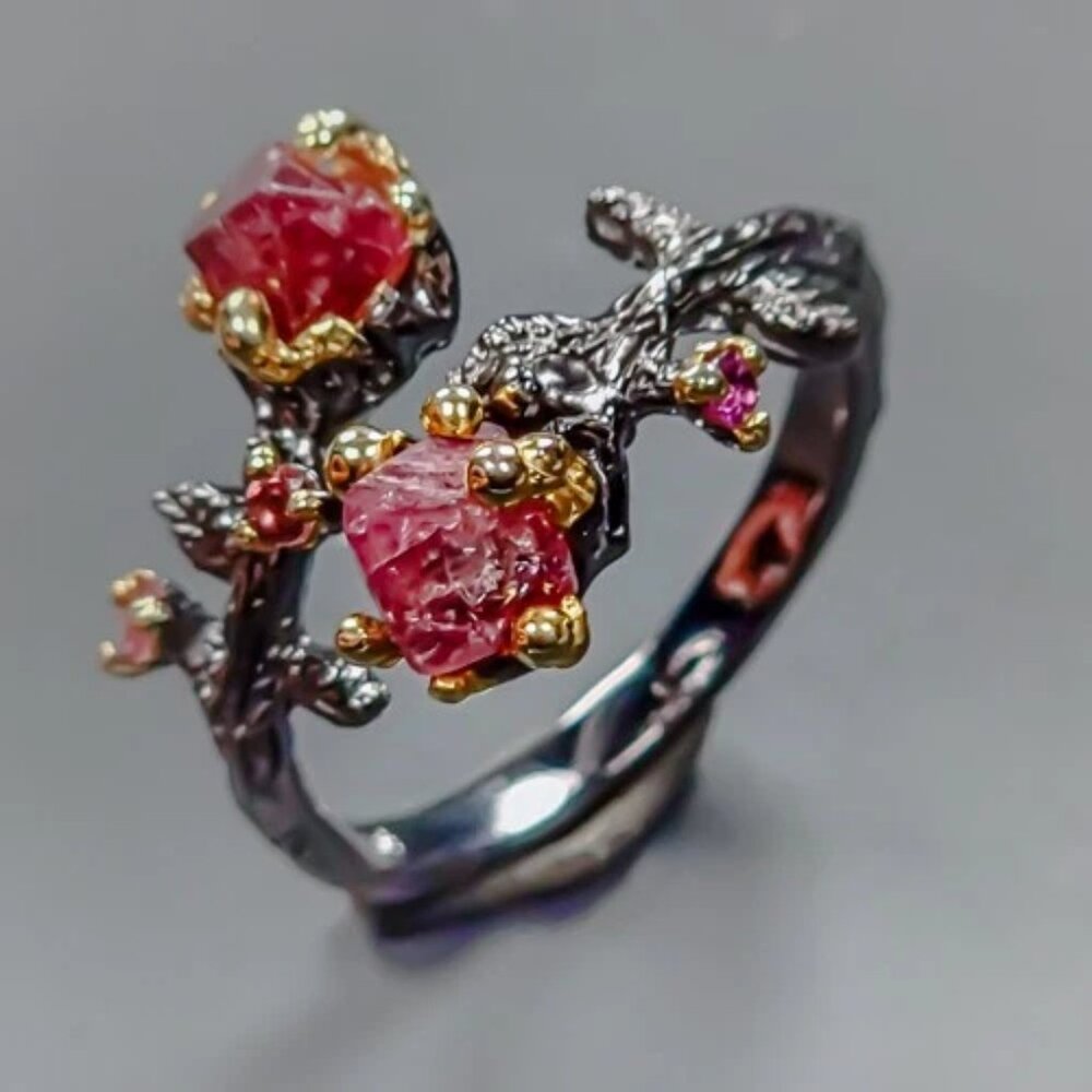 Ring Natural Tourmaline Roughs with Rhodolite Accents 925 Freesize